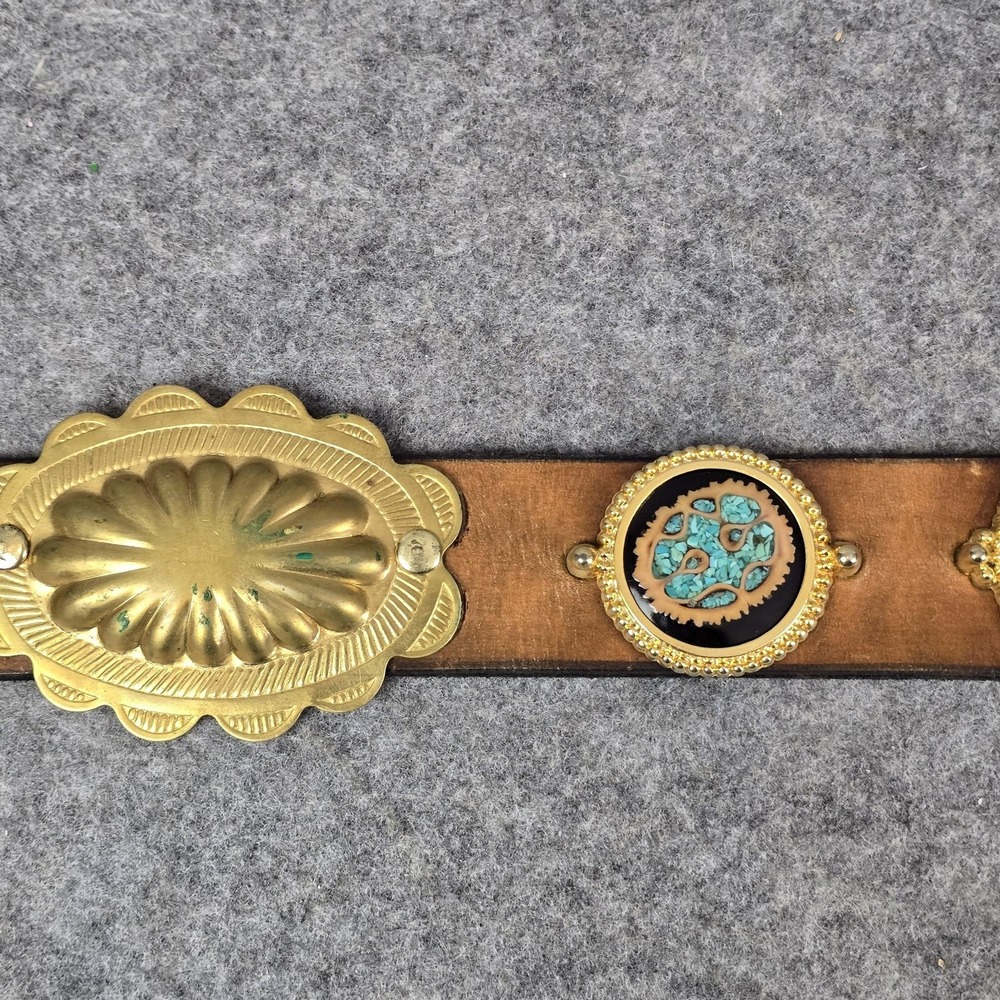 Western Concho Belt 48" Brown Leather Brass Tone Turquoise Inlay Studded Conchos - Picture 8 of 16